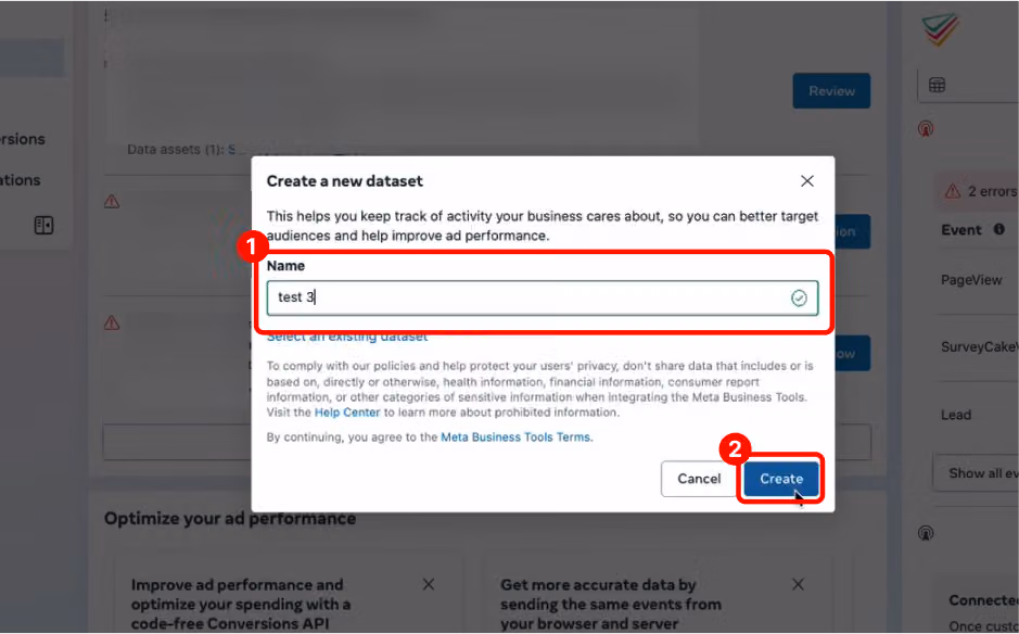 Dialog box for entering a name for the new pixel before clicking Create