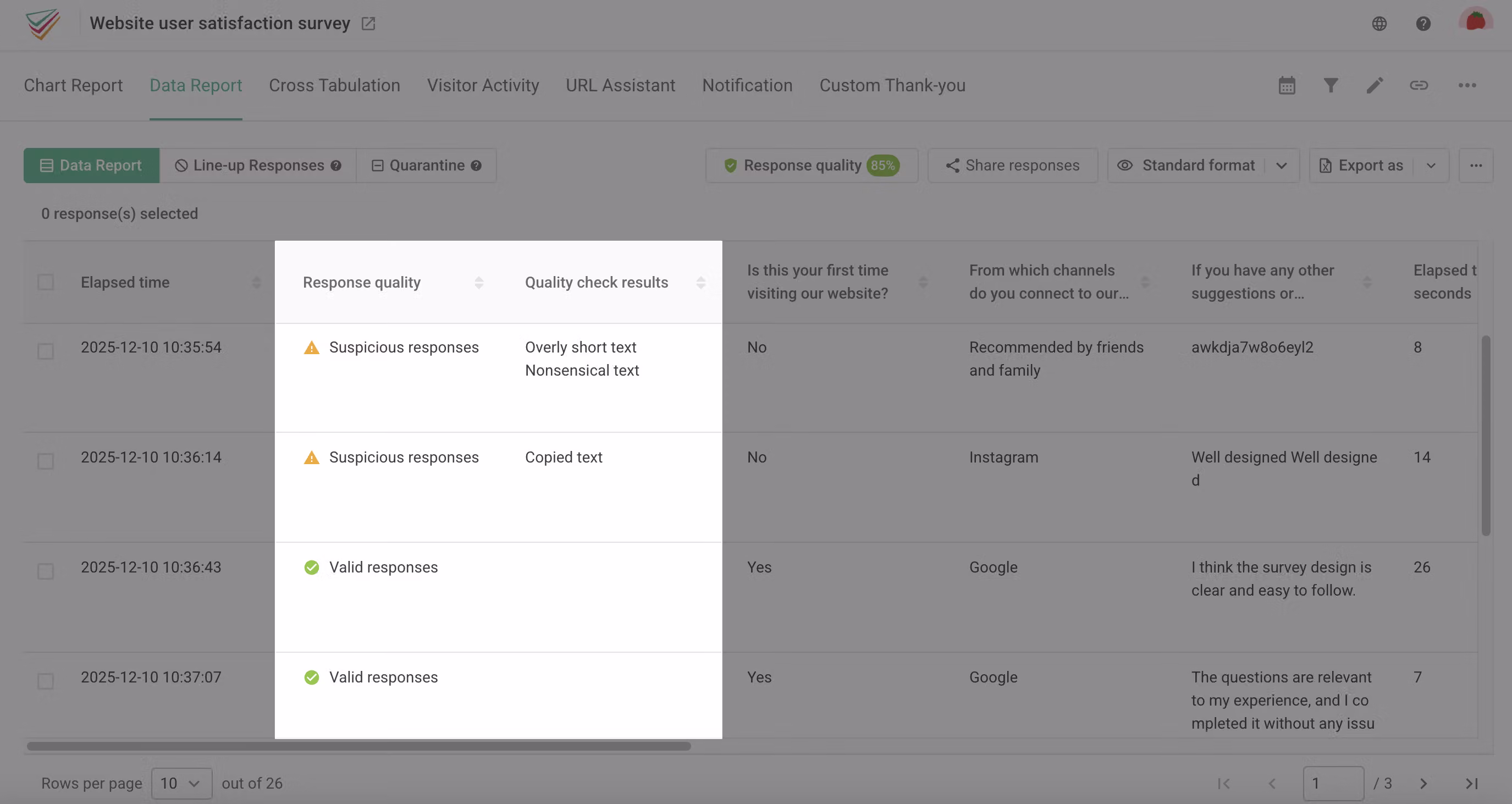 Data Report showing the new Response Quality and Quality Check Results columns
