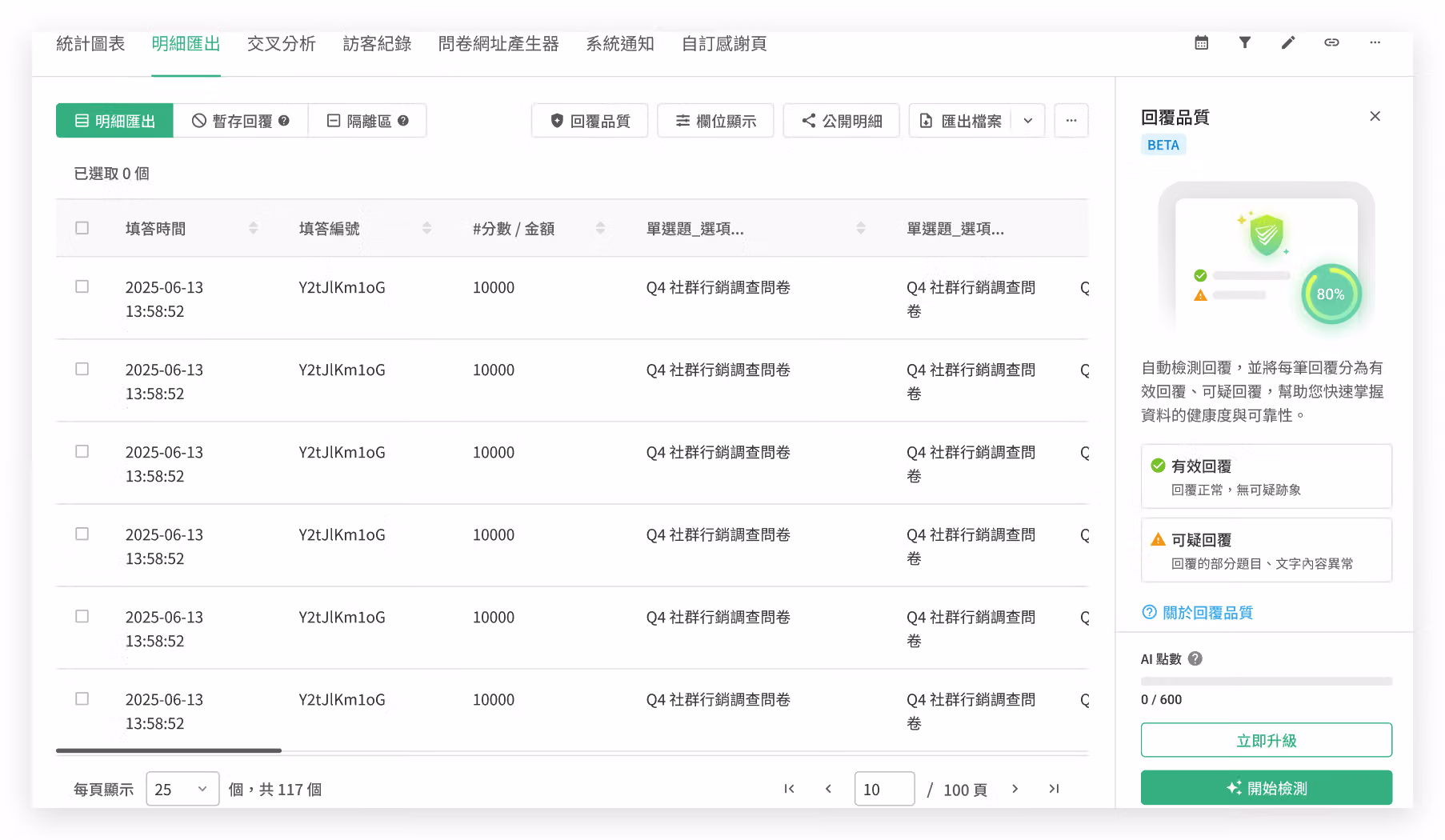 Review window showing action options such as Change Quality for a selected response