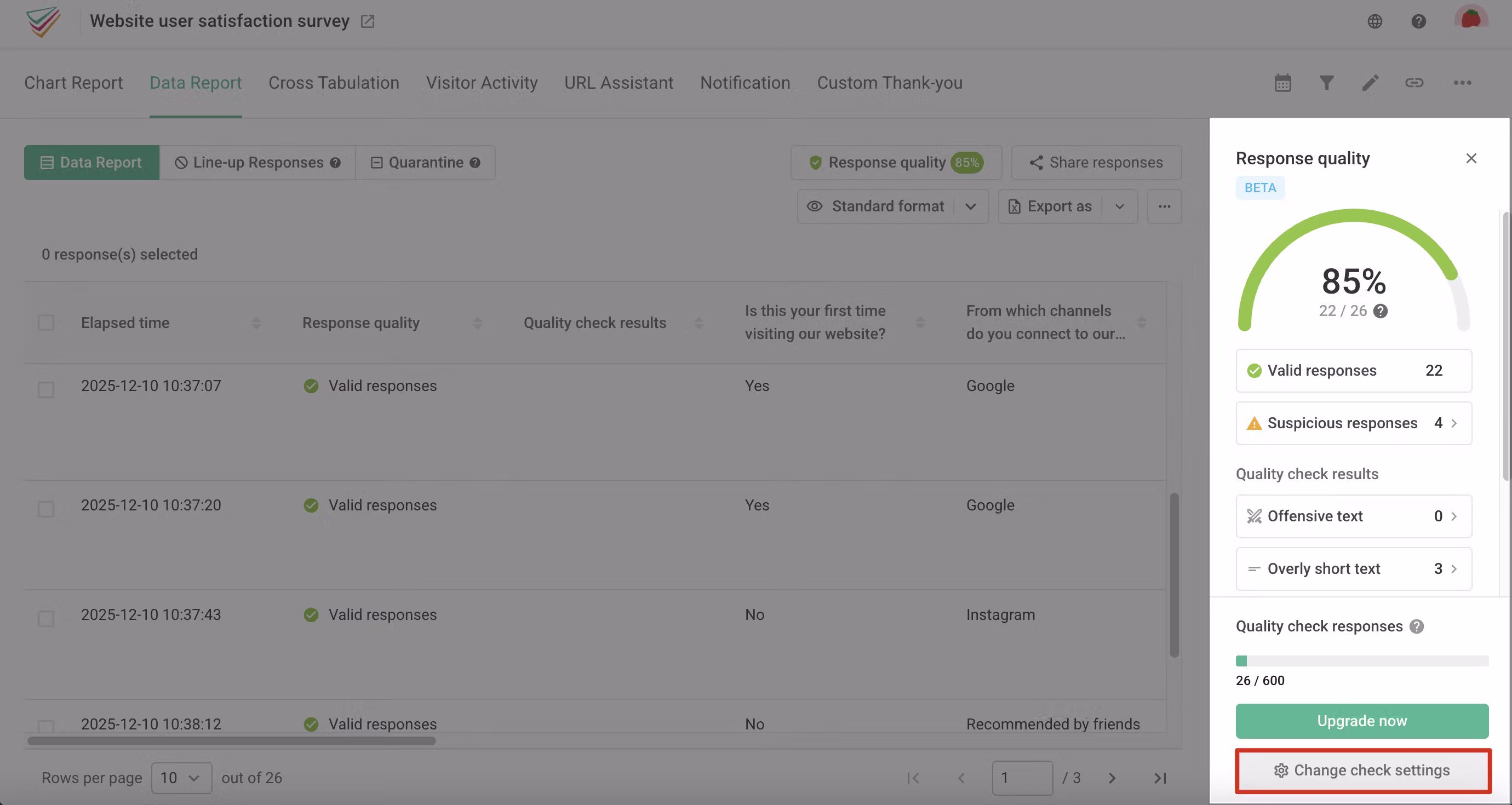 Quality settings window for turning individual quality-check indicators on or off
