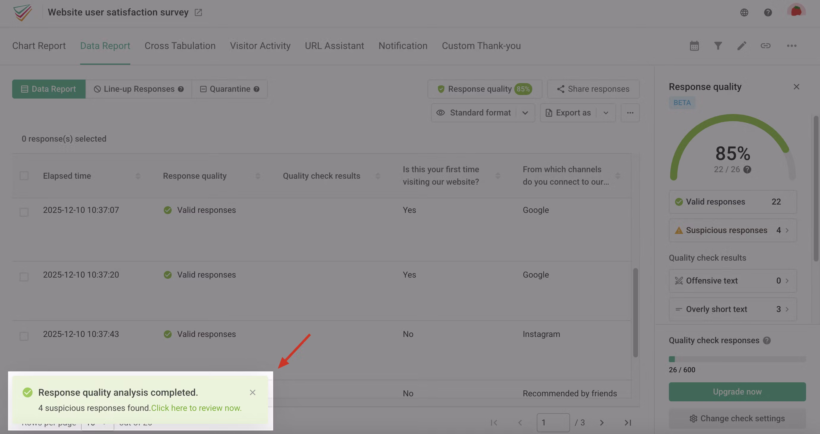 Response Quality Check sidebar showing the results after the quality analysis is complete