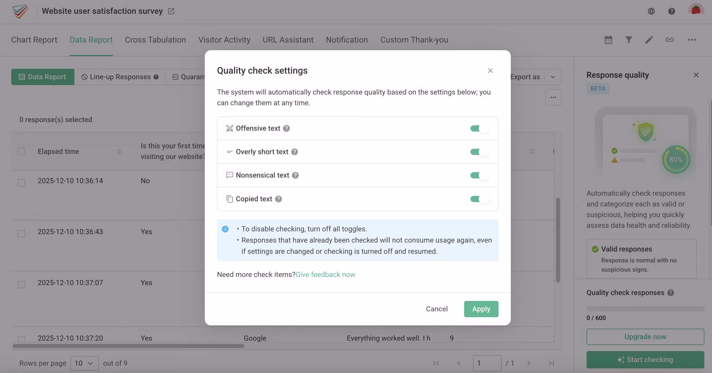 Quality indicator settings window for enabling indicators such as offensive text and overly short text