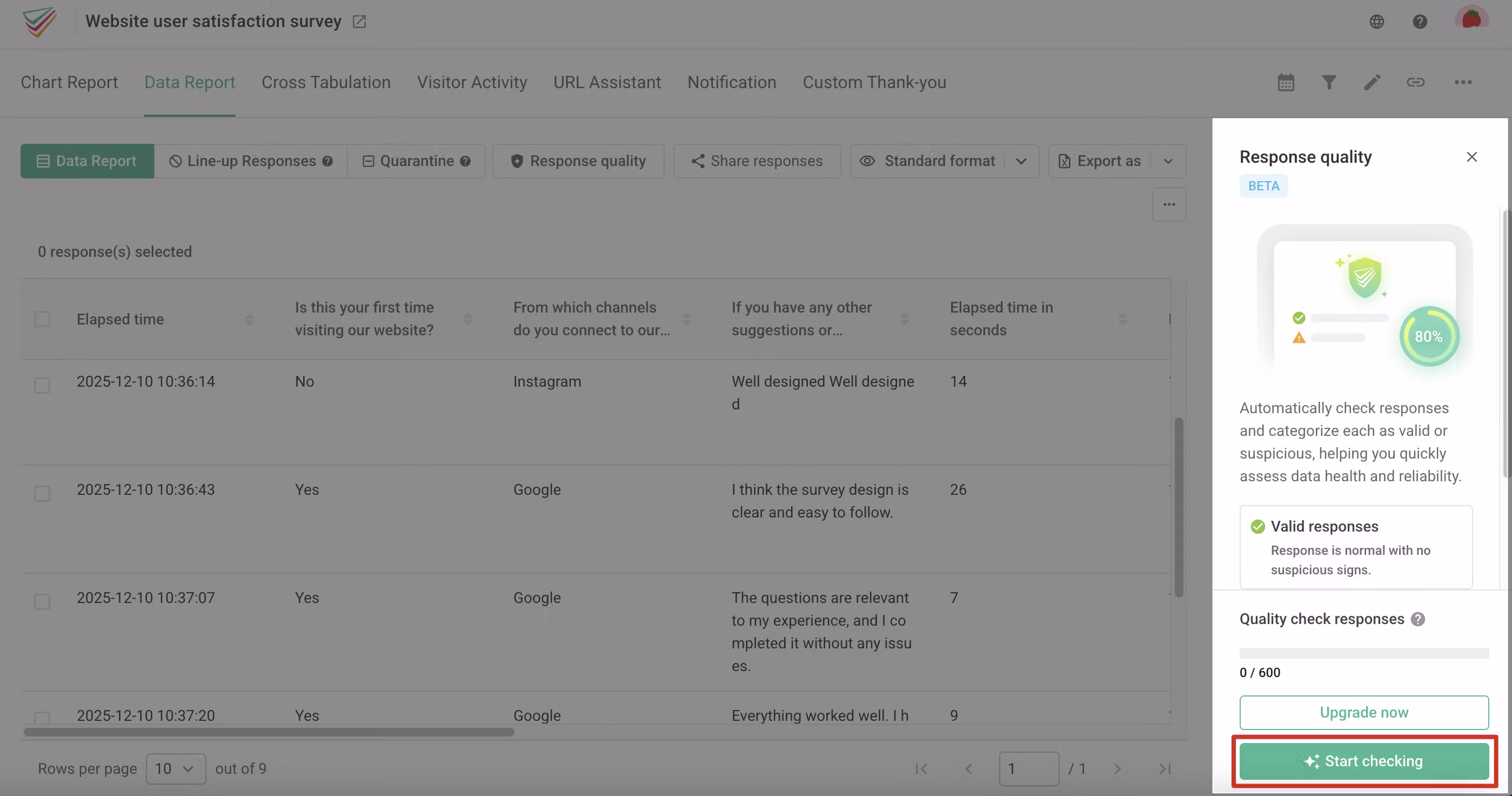 Response Quality Check sidebar with the Start Checking button clicked