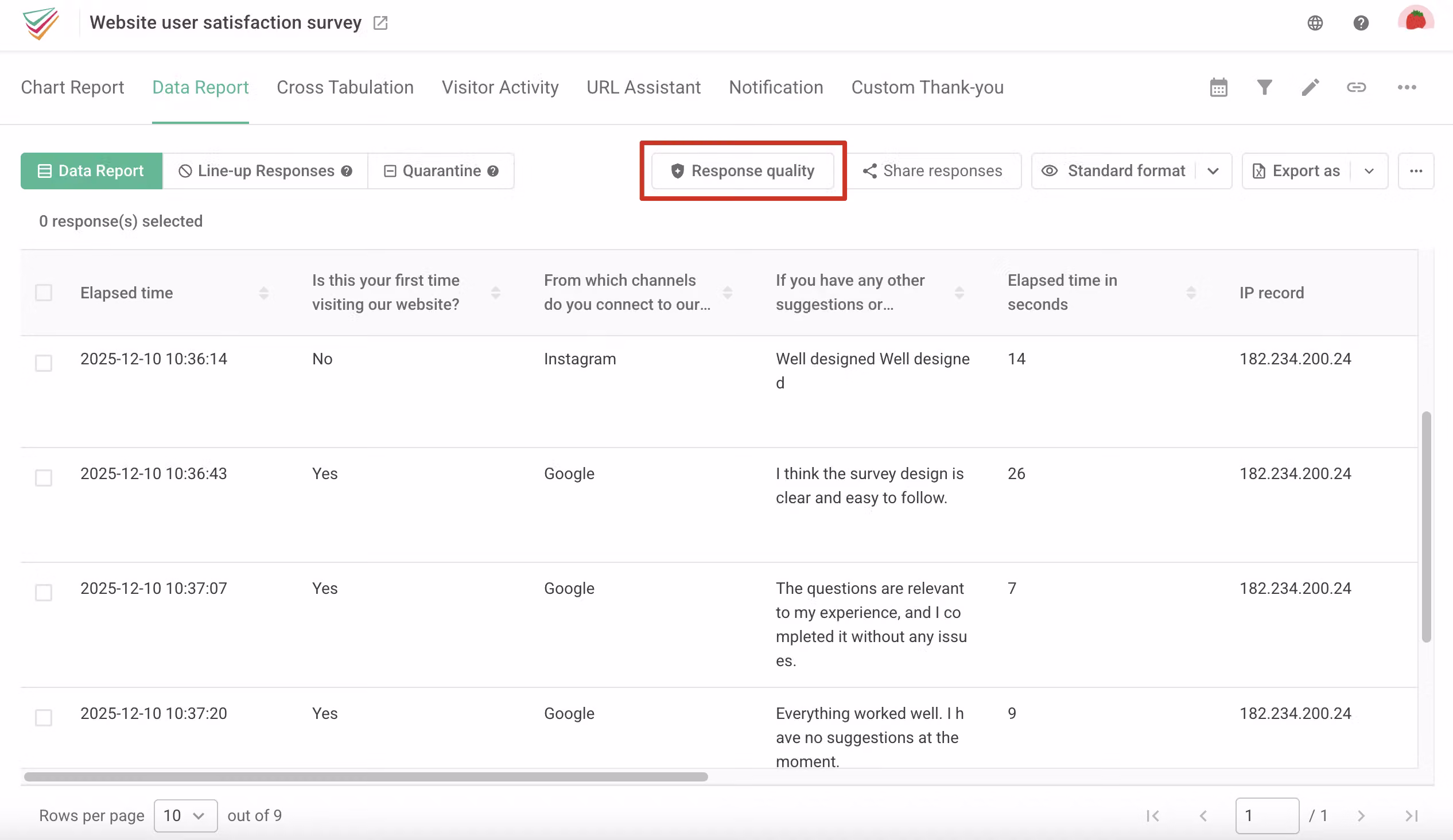 Data Report page with the Response Quality button located in the top-right corner