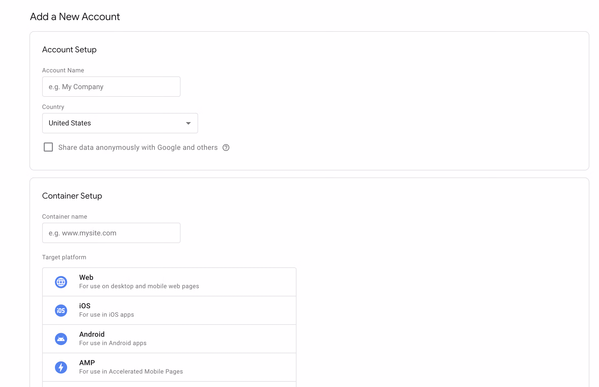 GTM account registration and container setup screen, entering the company name and domain to create a container