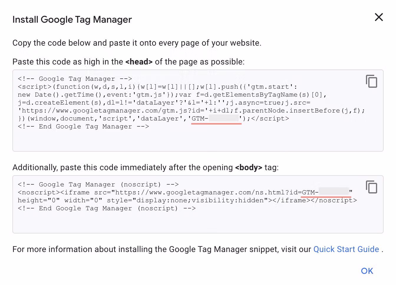 GTM installation code window with a red line marking where to find the GTM tracking code