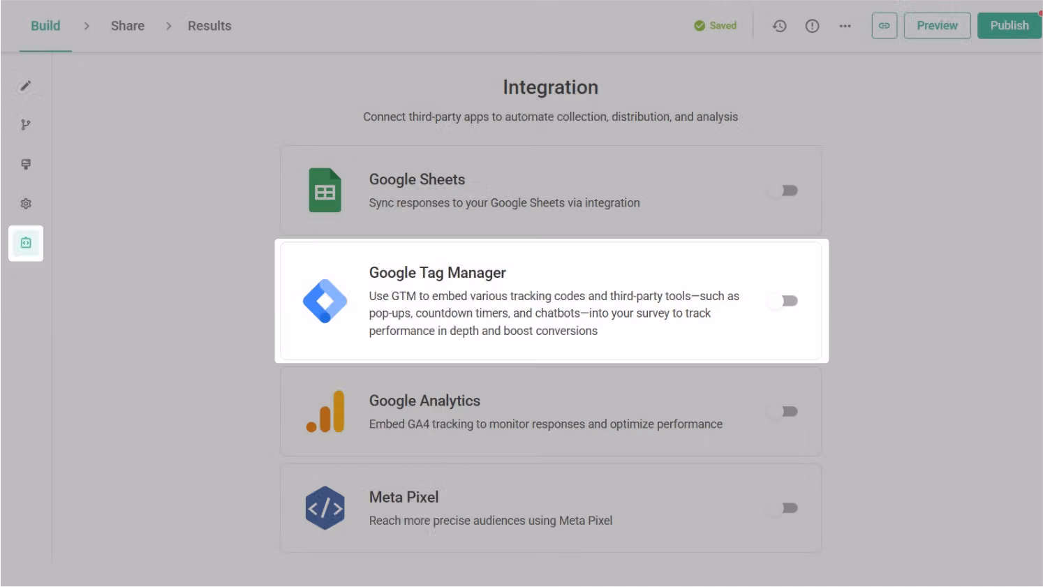 Survey editor Integration sidebar with Google Tag Manager settings clicked open