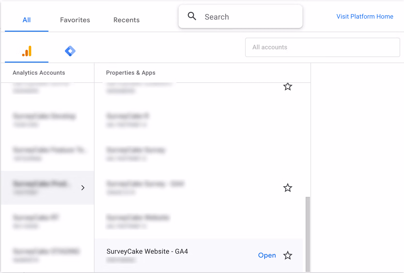 GA4 property selector for confirming the Measurement ID matches the tracking code embedded in the survey