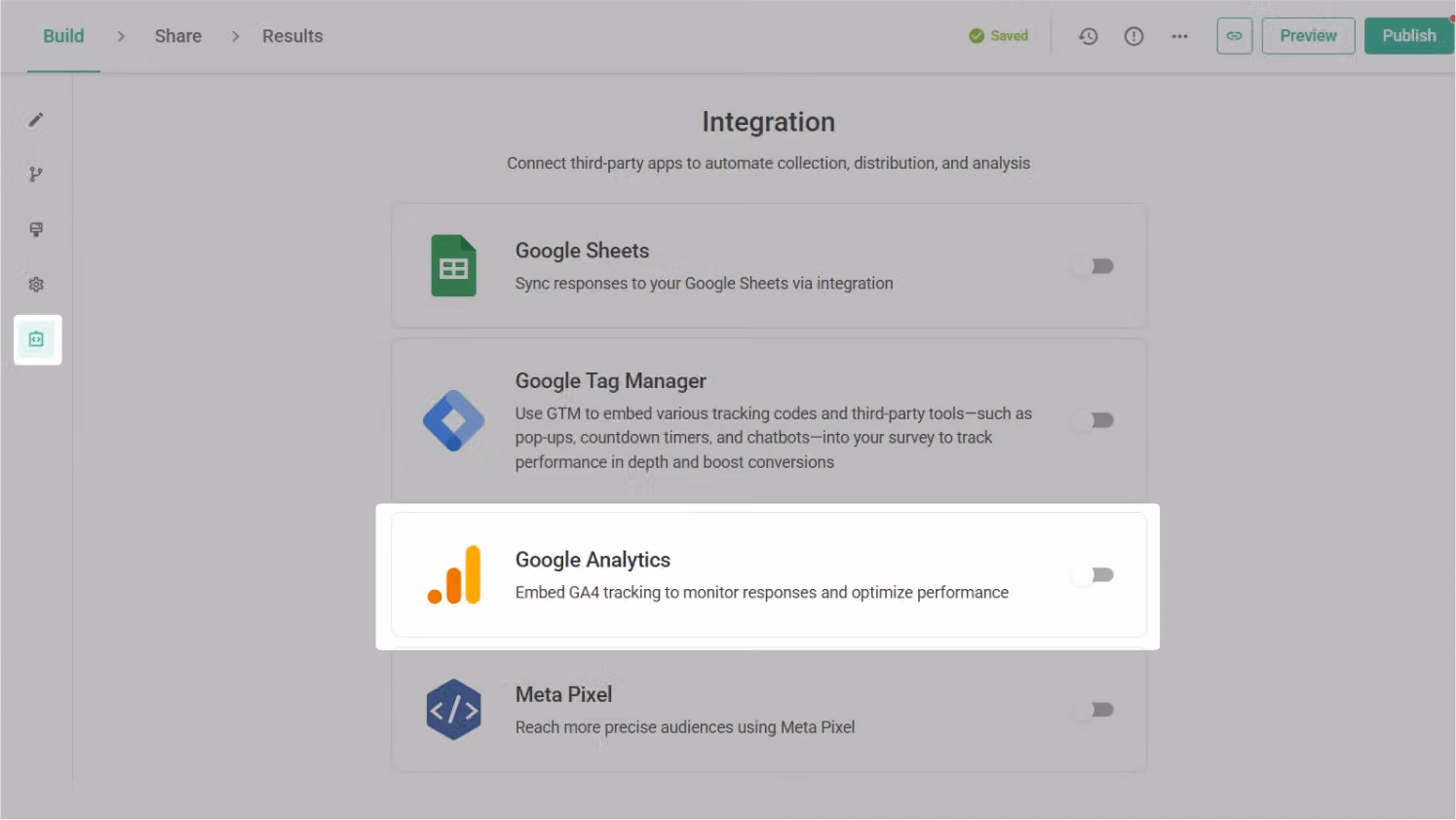 SurveyCake Build page Integration section with the Google Analytics 4 field open and Measurement ID entered