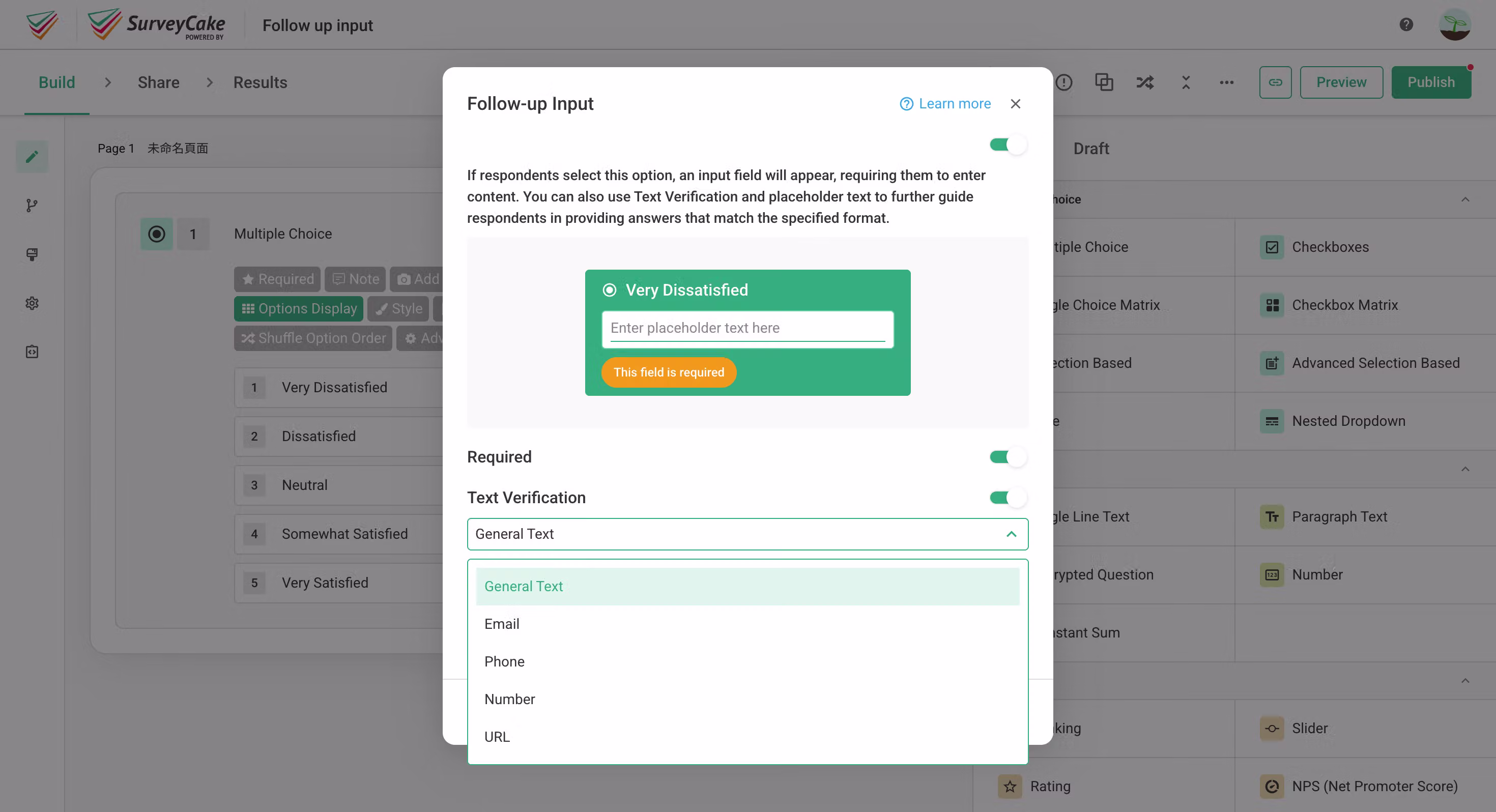 Text Verification dropdown showing validation type options: General Text, Email, Phone, Number, and URL