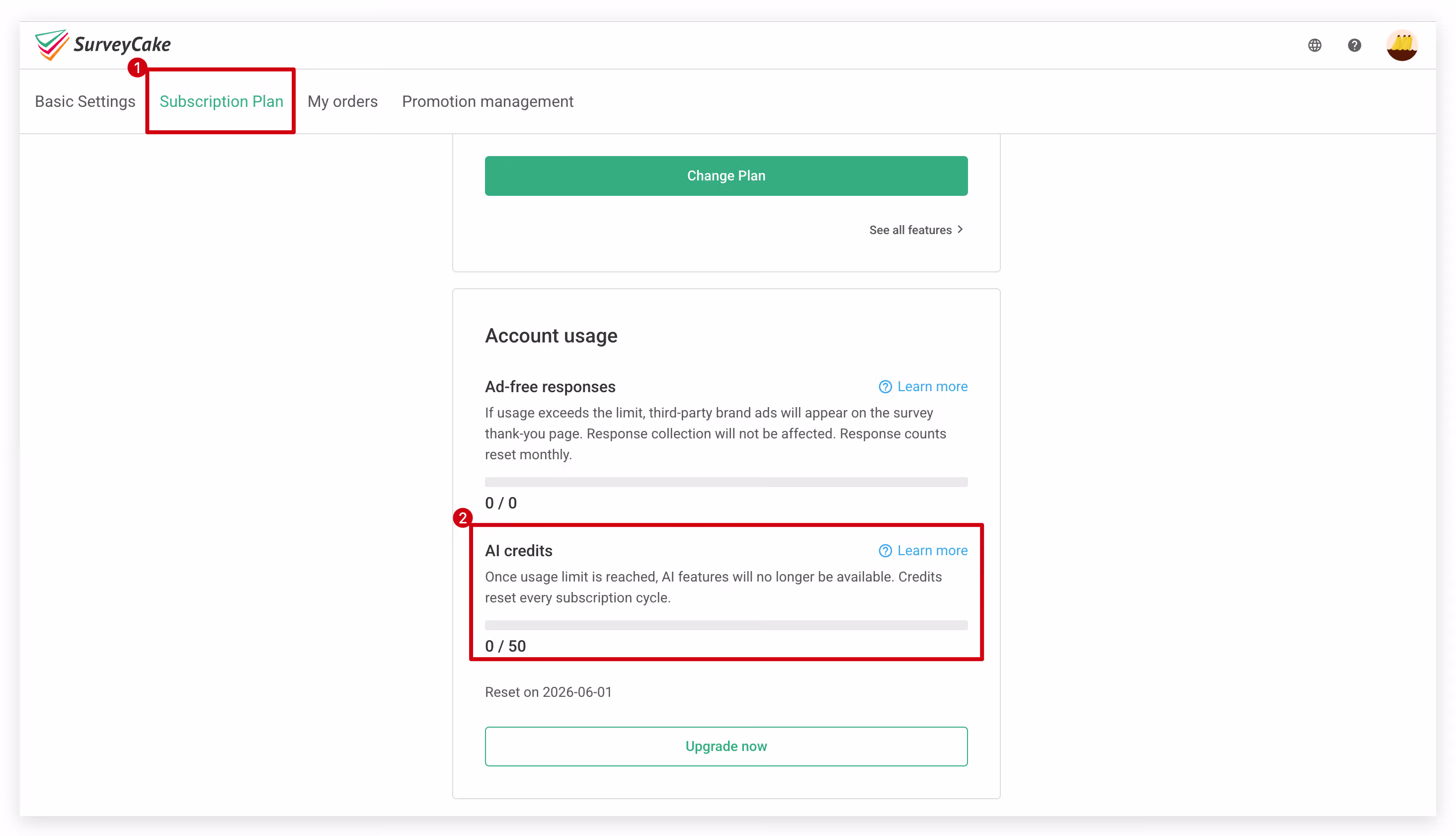 Subscription Plan page showing real-time AI Credits usage, total allowance, and next renewal date