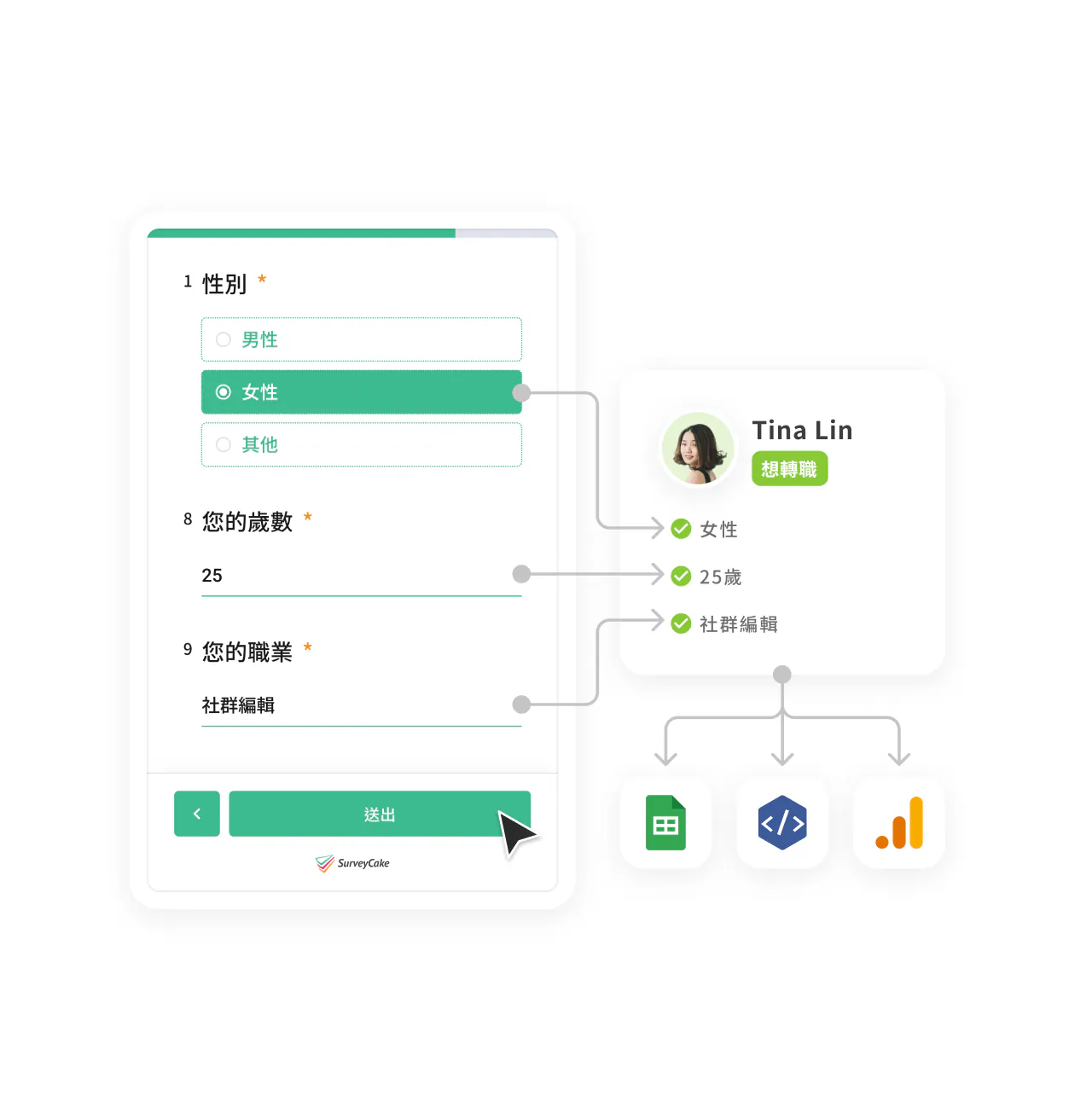 問卷性別、年齡、職業題目串聯至「Tina Lin」受訪者資料卡,並連接表格、程式碼、圖表等整合圖示