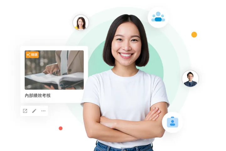 女性雙手交叉微笑站立,周圍環繞人物頭像圖示與「內部績效考核」問卷卡片,呈現人才管理問卷情境
