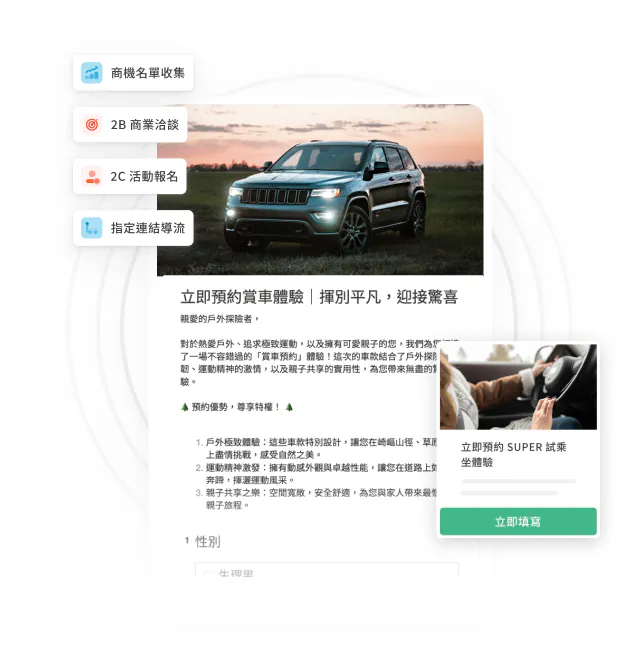 汽車行駛於黃昏道路照片,標籤顯示「商機名單收集」「2B商業洽談」「2C活動報名」「指定連結導頁」,下方為「立即預約賞車體驗」問卷與「立即填寫」按鈕