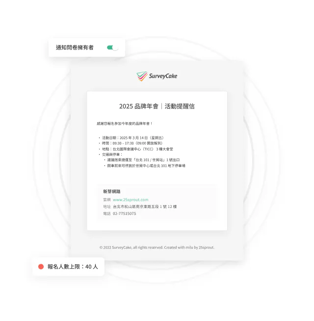 SurveyCake「2025品牌年會|活動提醒信」通知信件顯示活動時間地點資訊,並標示「報名人數上限:40人」