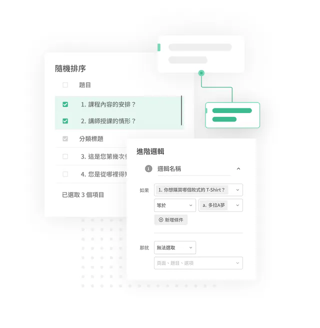 問卷編輯畫面顯示「隨機排序」題目清單與「進階邏輯」設定面板，可設定選題賦分與已選取選項數
