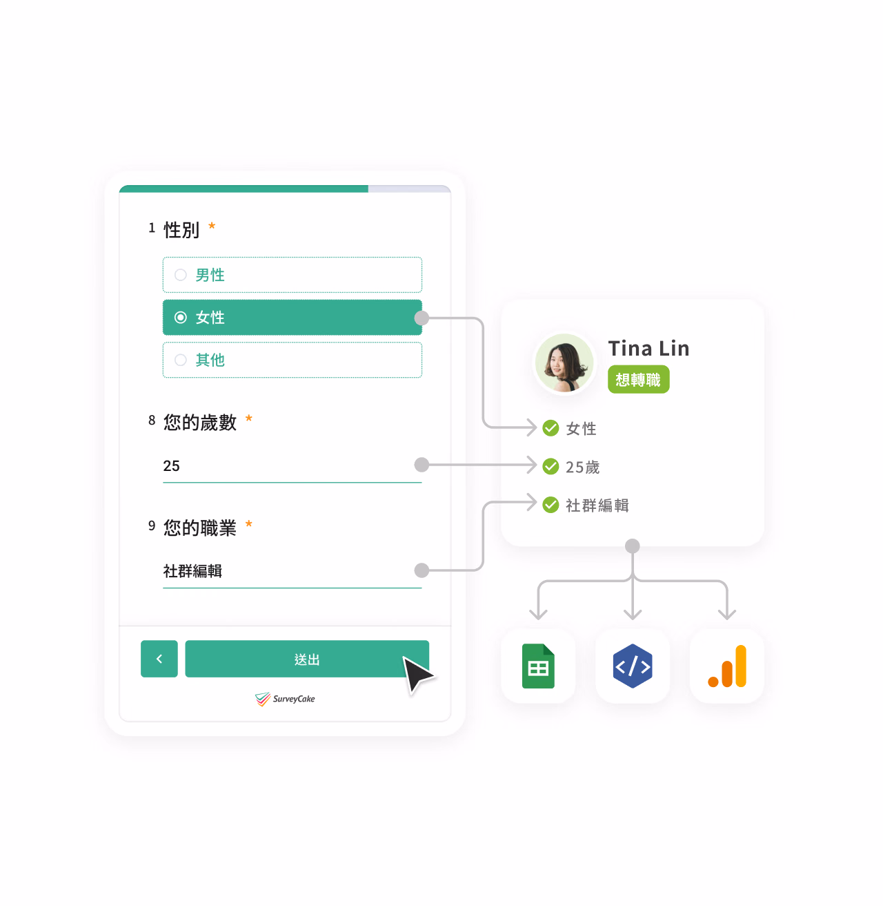 Survey gender, age and occupation questions linking to a respondent card for Tina Lin, connected to spreadsheet, code and chart integration icons