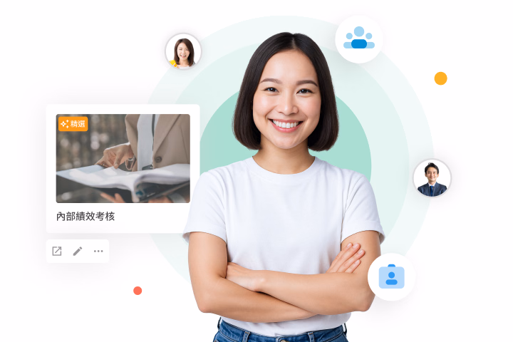 Smiling woman standing with arms crossed, surrounded by profile avatar icons and an Internal Performance Review survey card for talent management