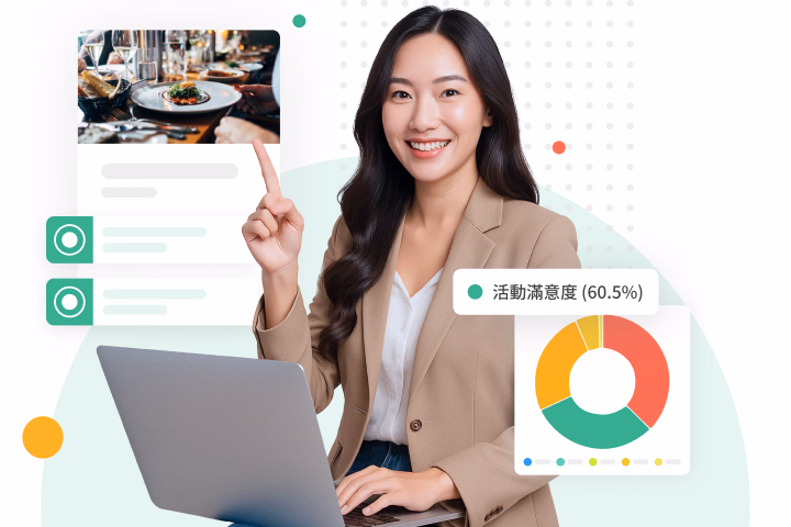 Smiling woman pointing upward beside a laptop, backed by a dining table photo and an event satisfaction (60.5%) pie chart for registration surveys