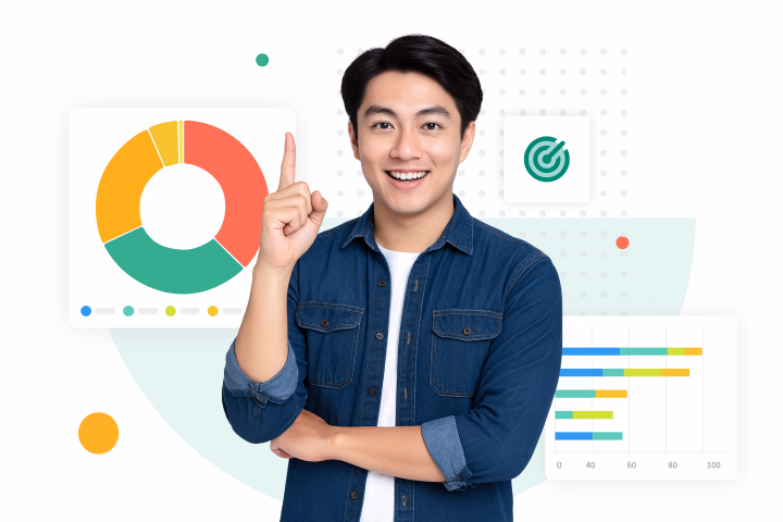 Smiling man standing and pointing upward, backed by colorful pie charts, a green checkmark icon and bar charts for market research surveys