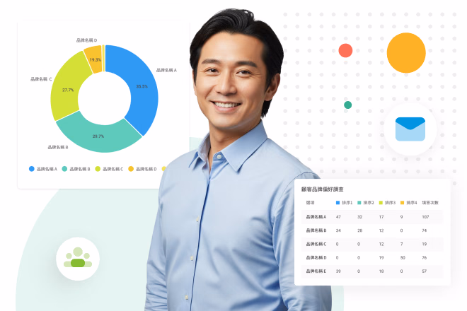 Smiling man surrounded by colorful pie charts and data tables, illustrating survey data analysis for the retail industry