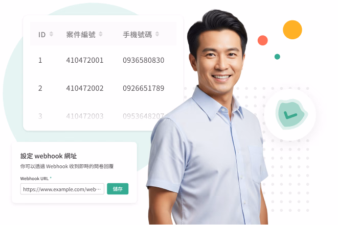 Smiling man standing beside a data table of case numbers and mobile numbers with a green approval icon, illustrating public sector surveys