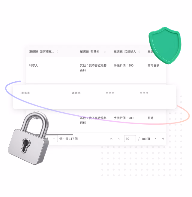 Patient case data table partly masked with asterisks, green shield icon top right and lock icon bottom left, showing healthcare data protection