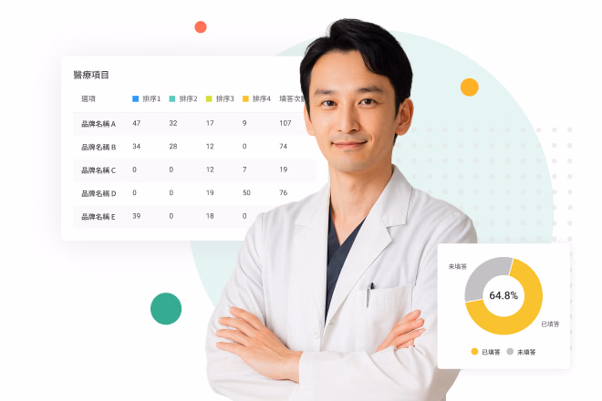 Smiling doctor in a white coat with arms crossed, backed by a medical brand comparison table and a response rate donut chart
