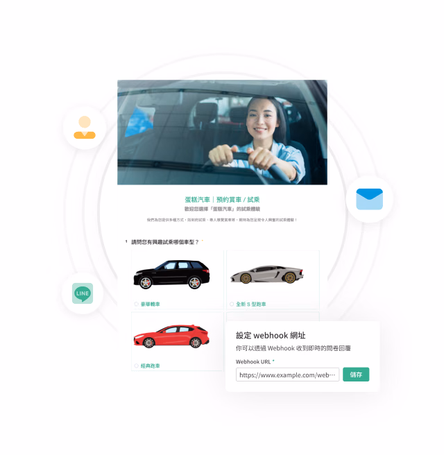Woman driver giving a thumbs-up in her car, above a test-drive event survey with colorful car type icon options and a Webhook URL setting pop-up