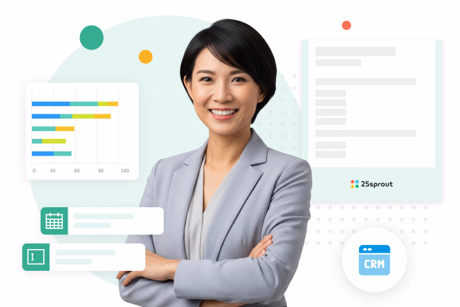 Smiling woman in grey blazer with arms crossed, backed by colorful bar chart cards and calendar, checklist and CRM icons, for finance and insurance surveys