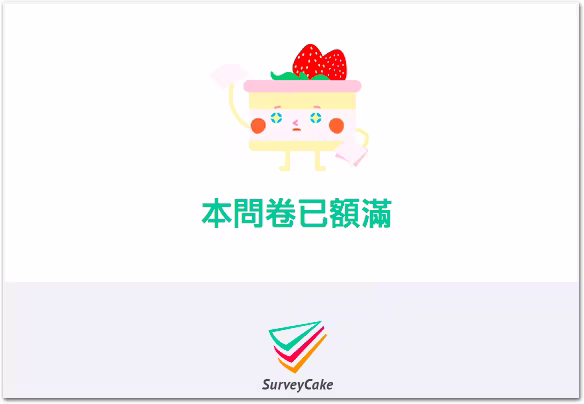 本問卷已額滿的提示頁,草莓蛋糕插圖下方顯示綠色的額滿標題