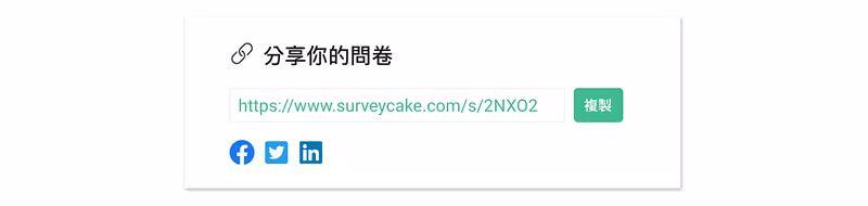 分享你的問卷卡片,顯示問卷網址與複製按鈕及三個社群分享圖示