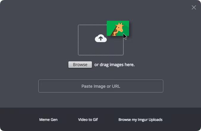 imgur 的上傳視窗,中間是拖放區與 Browse 按鈕,下方有 Paste Image or URL 欄位與 Video to Gif 連結