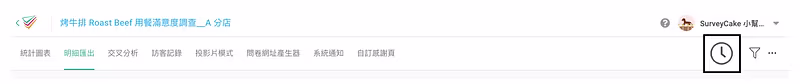 問卷後台分頁列右上角,黑框標出時鐘形狀的日期篩選圖示