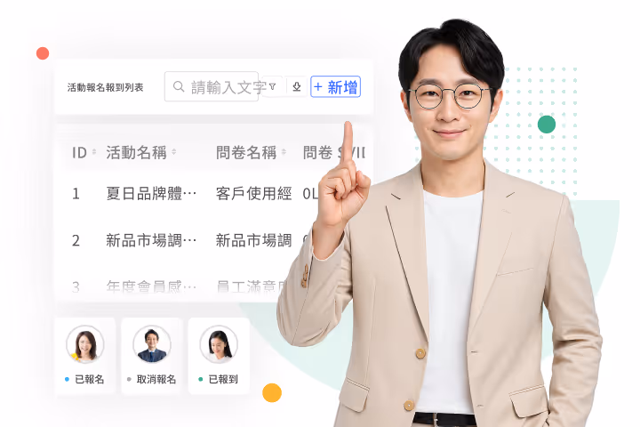 一位穿淺色西裝戴眼鏡的男子微笑並指向一個活動報名和問卷調查的界面。