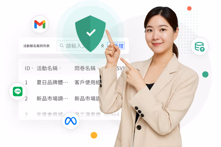 微笑亞洲女性穿米色西裝,手指指向帶勾盾牌圖示,背後顯示中文報表與應用程式圖標。