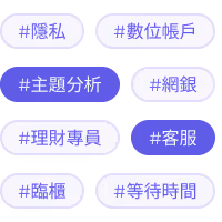八個帶藍色陰影的中文主題標籤，如隱私、主題分析、理財專員、網銀等