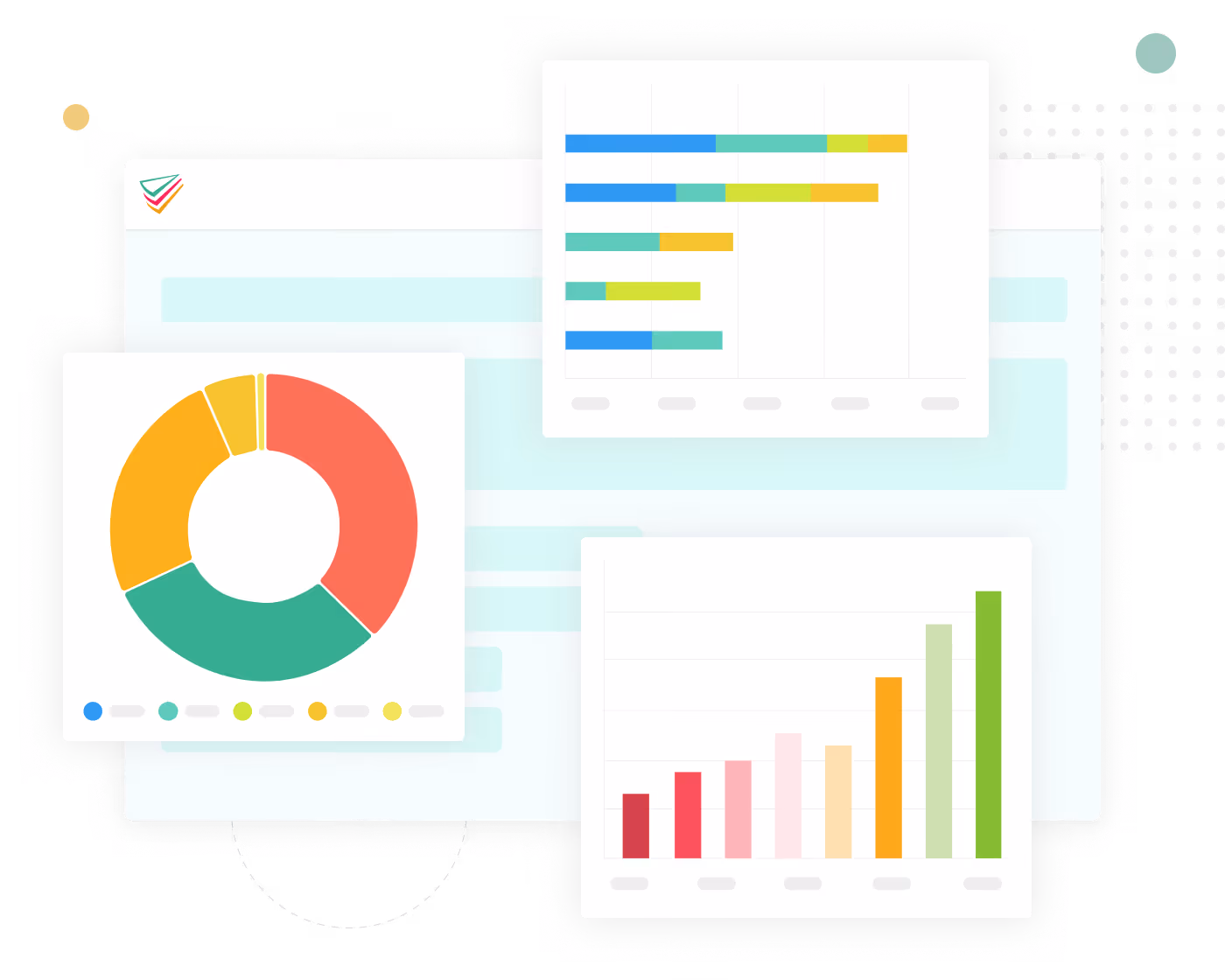 Dashboard with colorful donut chart and bar graphs displaying data analytics.