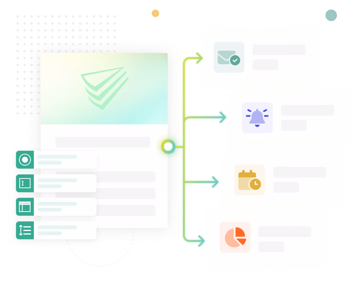 Digital dashboard with icons for email, notifications, calendar, and charts linked to main interface.