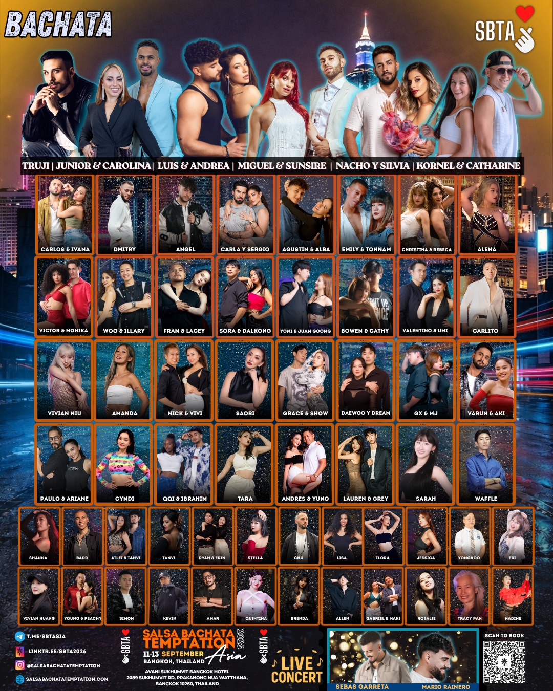 Salsa Bachata Temptation Asia festival artist lineup poster featuring international instructors Christina and Rebeca
