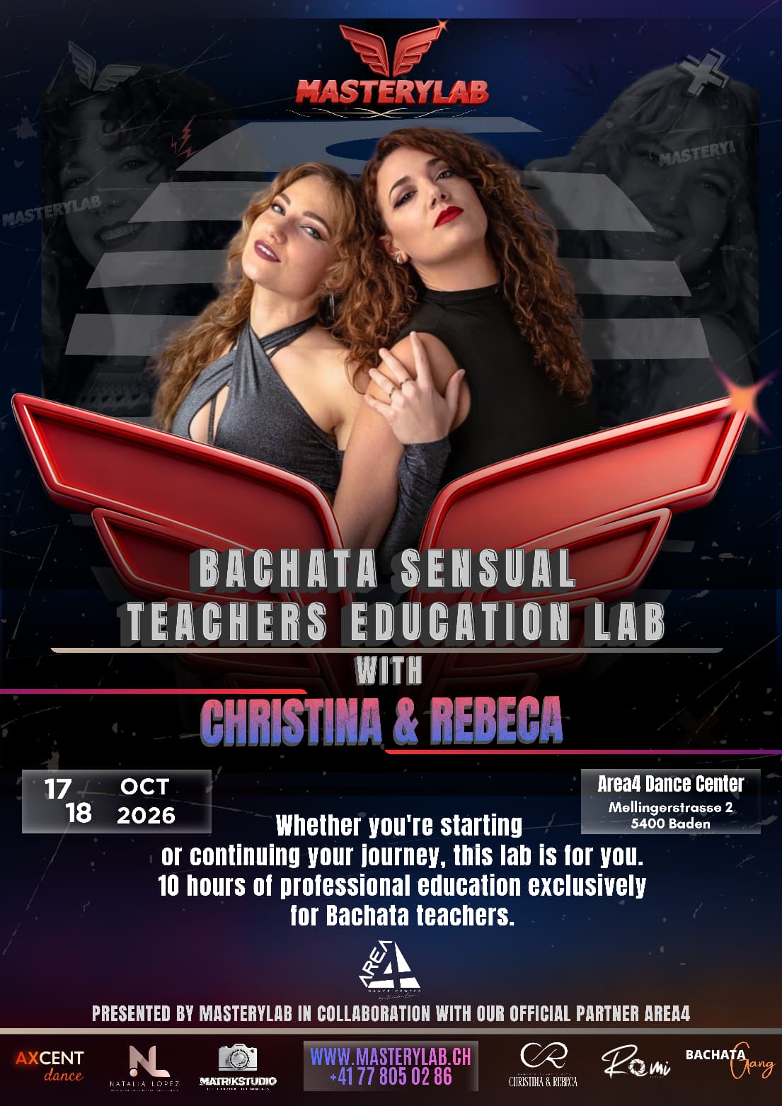 Bachata Sensual Teachers Education Lab poster with Christina and Rebeca at Area4 Dance Center in Baden