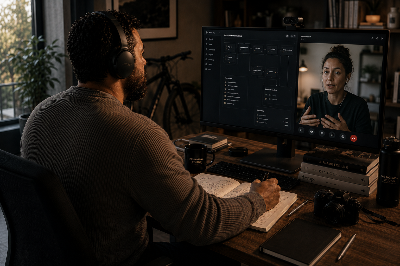 Product designer conducting remote collaboration and workflow reviews, illustrating product strategy, UX design and the delivery of scalable digital products.