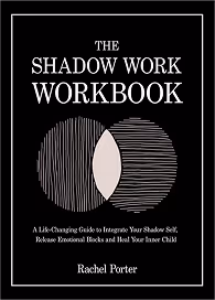 Book cover of The Shadow Work Workbook by Rachel Porter with abstract circle designs on black background.