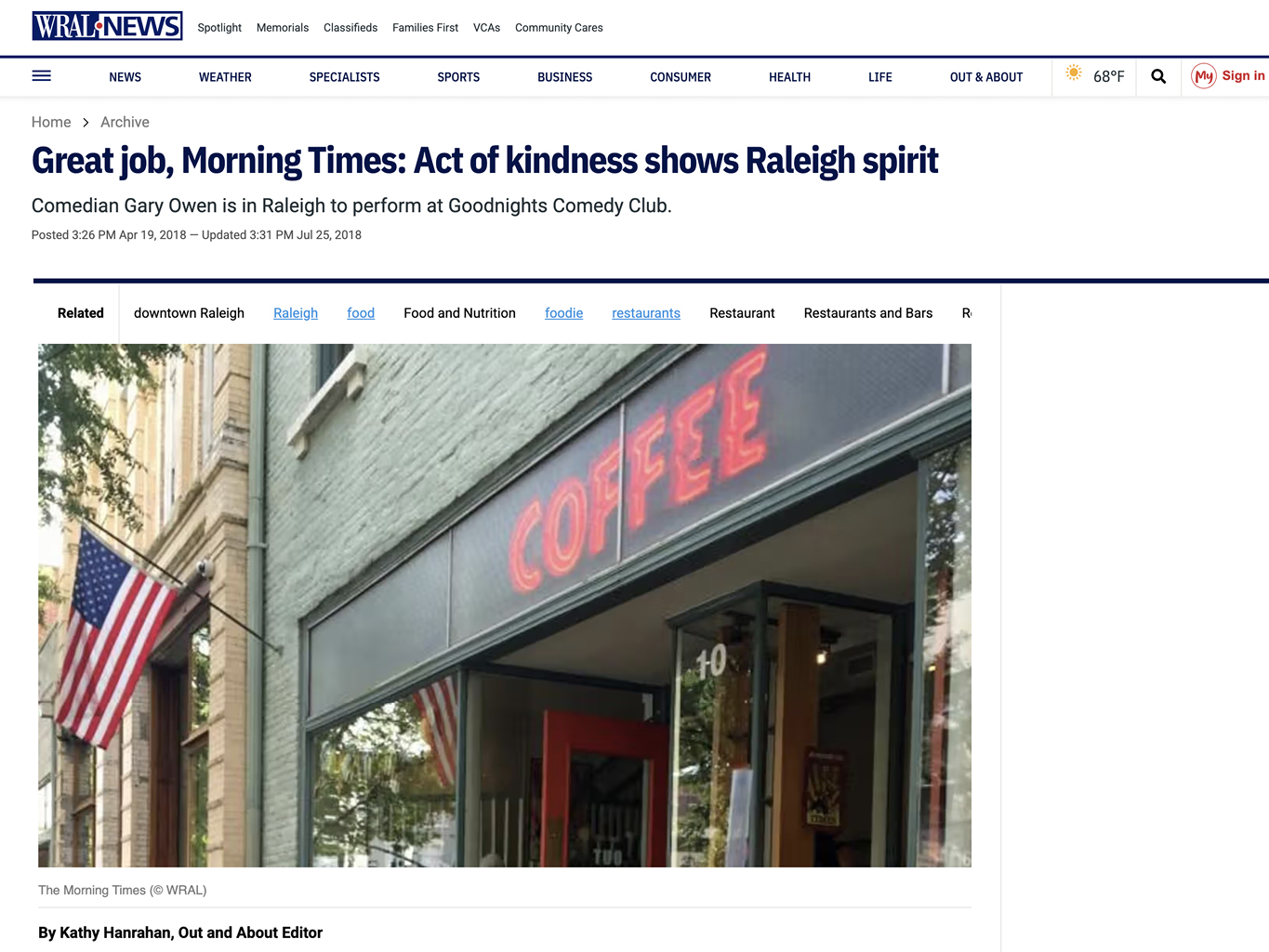 an image of an article with the headline Great job, Morning Times: Act of kindness shows Raleigh spirit
