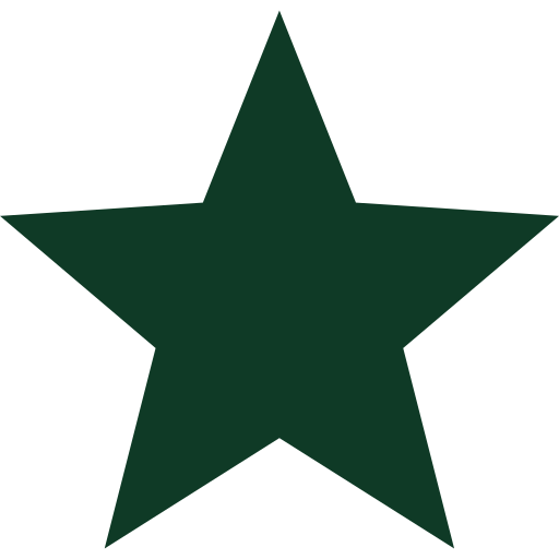 Solid dark green five-pointed star icon with even points on a transparent background.