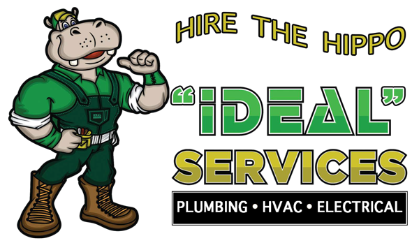 Cartoon hippo in work overalls beside text 'Hire the Hippo Ideal Services Plumbing HVAC Electrical'.