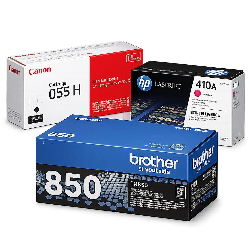 Boxes of Canon 055 H, HP 410A, and Brother 850 printer toner cartridges grouped together.