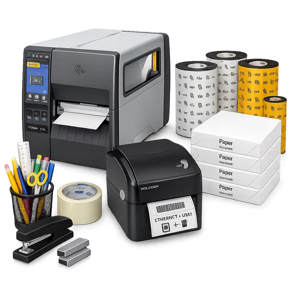 Label printers with paper rolls, stacks of paper, and office supplies including tape, scissors, and stapler.