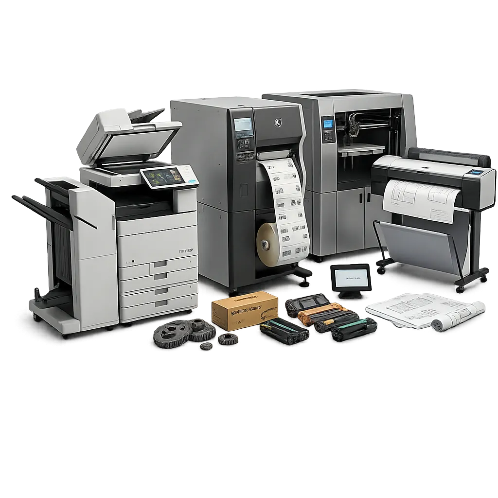 Set of office and industrial printers with printed labels, blueprints, and spare parts on a gray background.