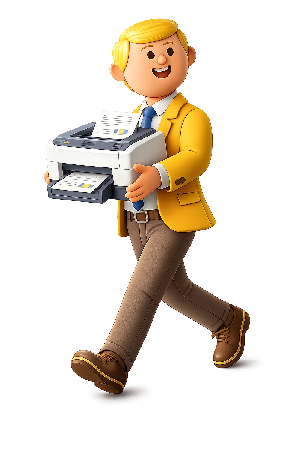 Smiling man in yellow jacket carrying a printer with printed paper, walking forward.